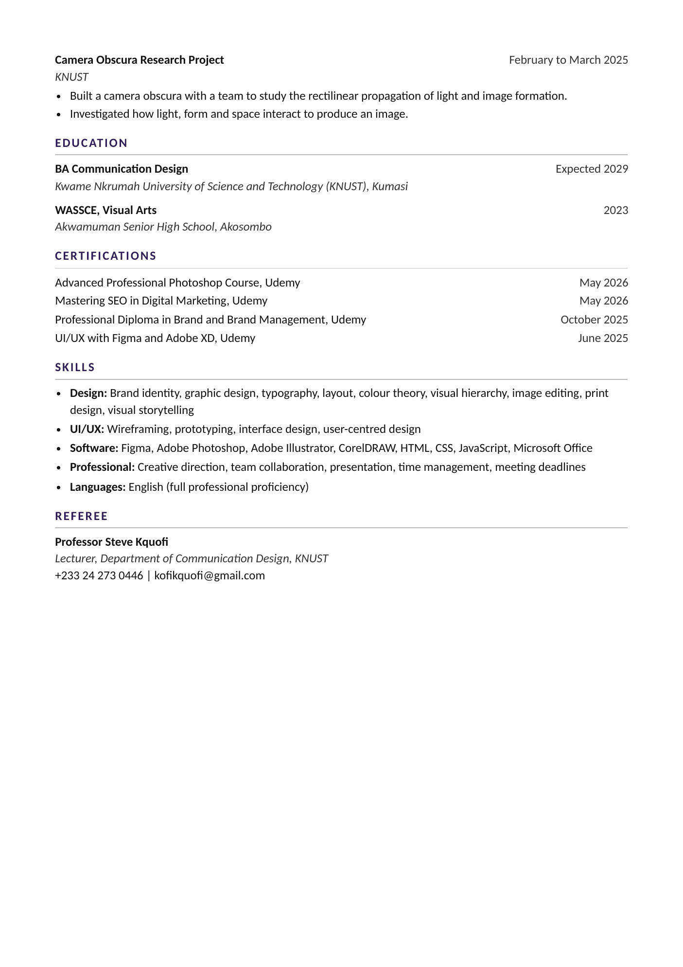 CV page 2 of 2: projects, education, certifications, skills and referee.